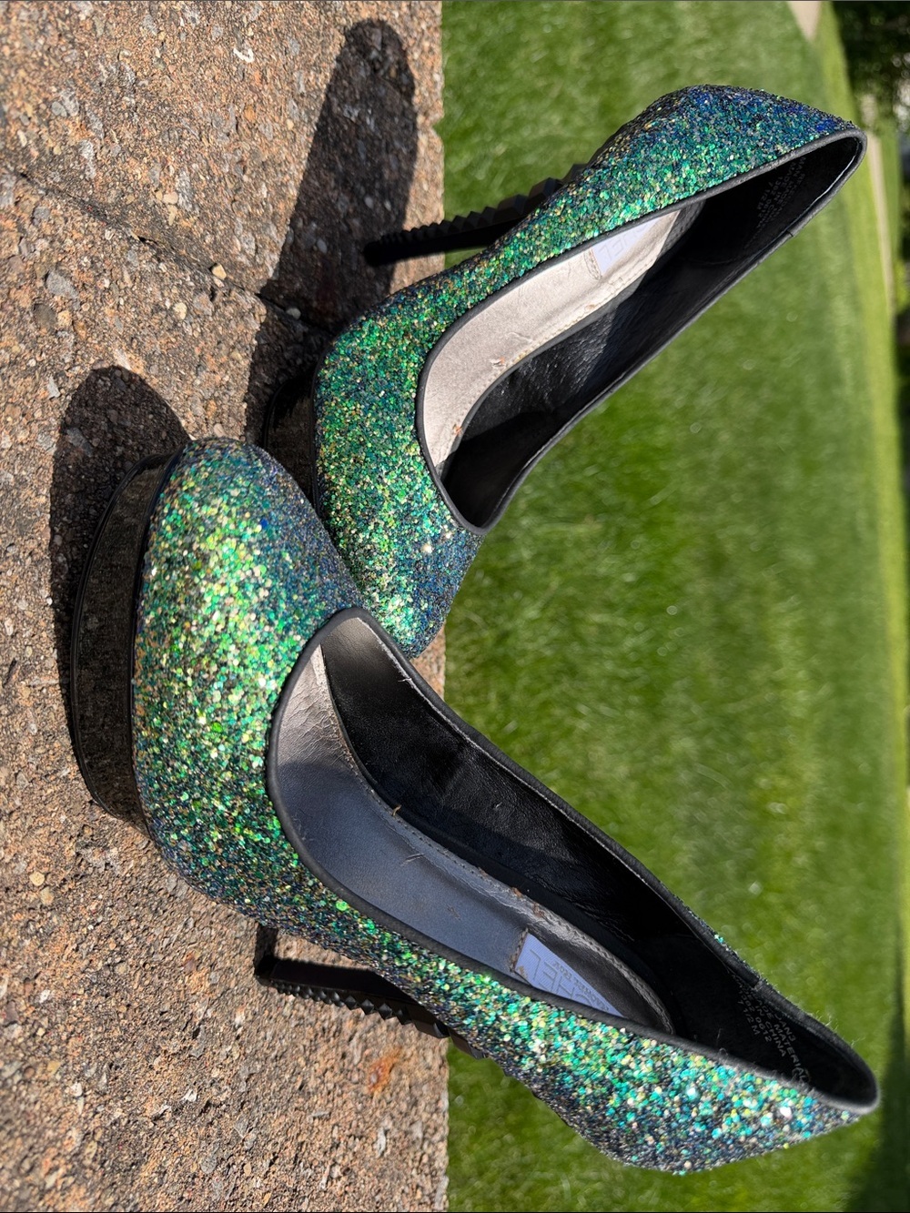 Rachel Green Teal Glitter Platform Heels